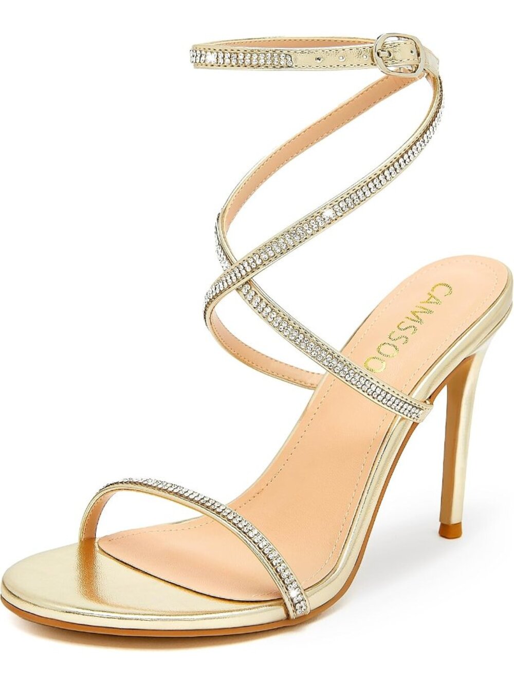 Women's Gold Crisscross Faux Leather Slingback Rhinestone Stiletto Heels Sandals